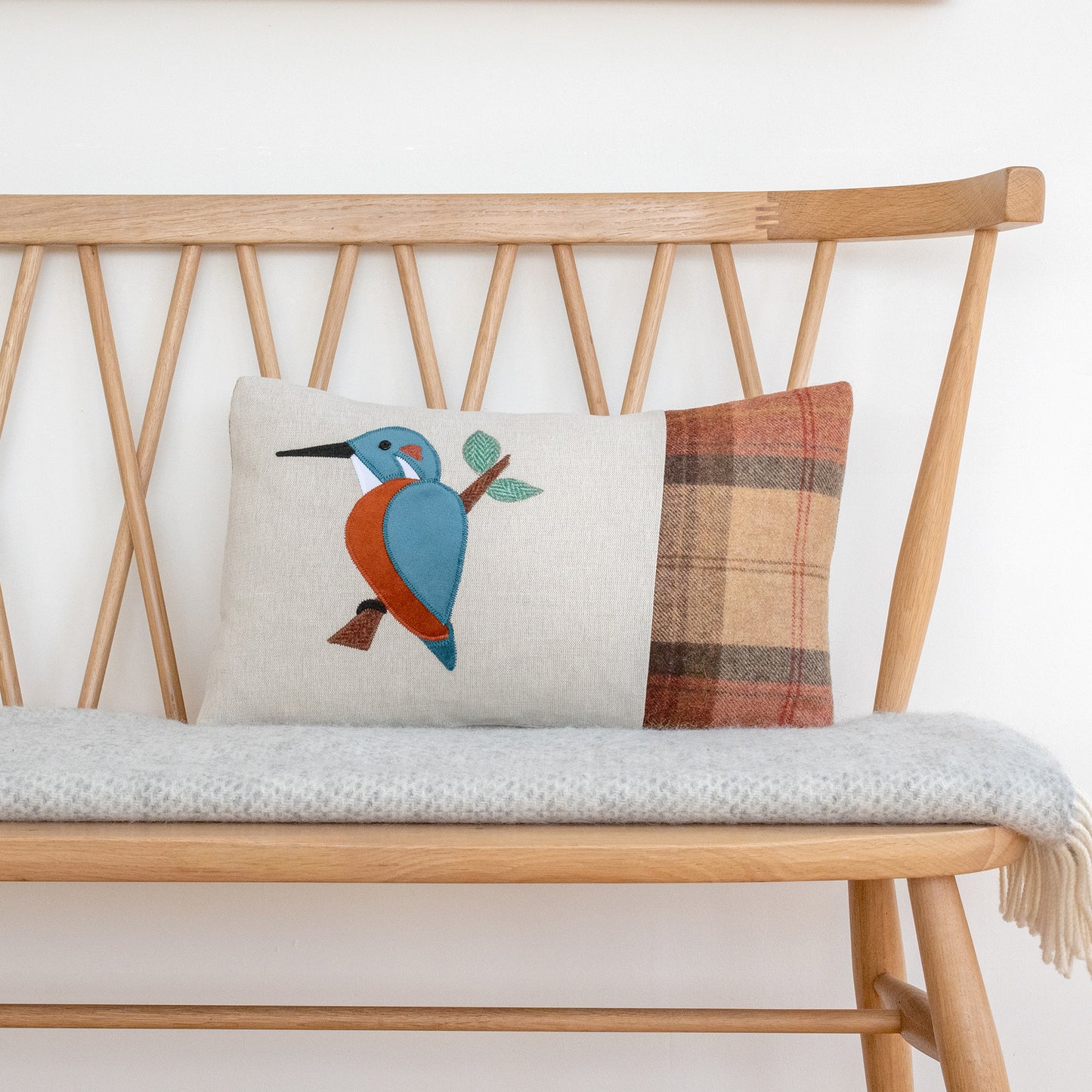 Handmade Kingfisher Cushion in Tweed, Linen and Wools