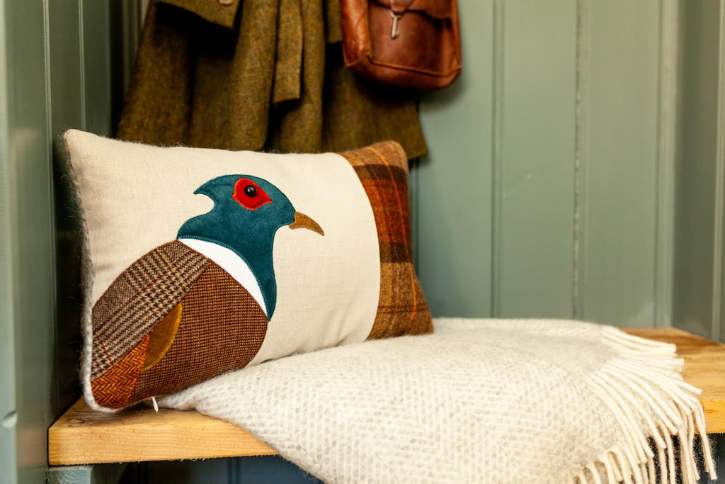 Handmade Pheasant Cushion in Tweed, Linen and Wools