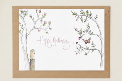 Owl & magnolia ‘Happy Birthday’ card