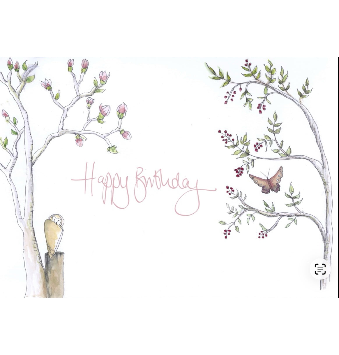 Owl & magnolia ‘Happy Birthday’ card