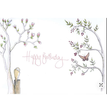 Owl & magnolia ‘Happy Birthday’ card