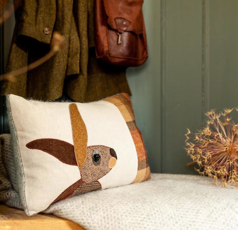 Handmade Hare Cushion in Mixed Tweeds and Welsh woven wools
