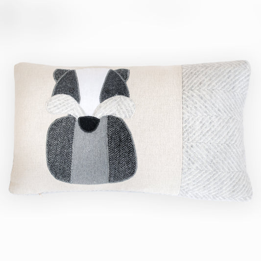 Handmade Badger Cushion in Linen and Mixed Tweeds