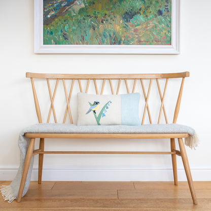 Handmade Blue Tit Bird Cushion in Tweed, Linen and Wools