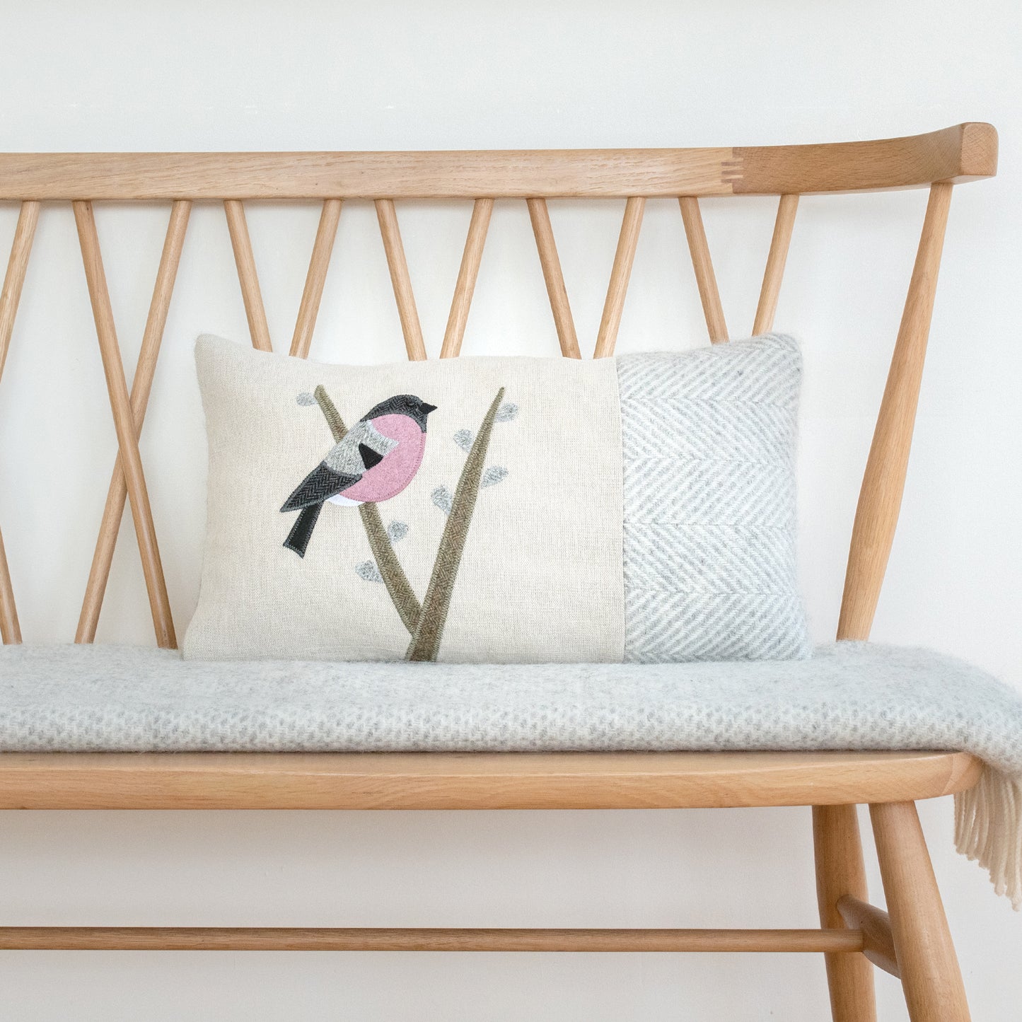 Handmade Bullfinch Cushion in Mixed Tweeds