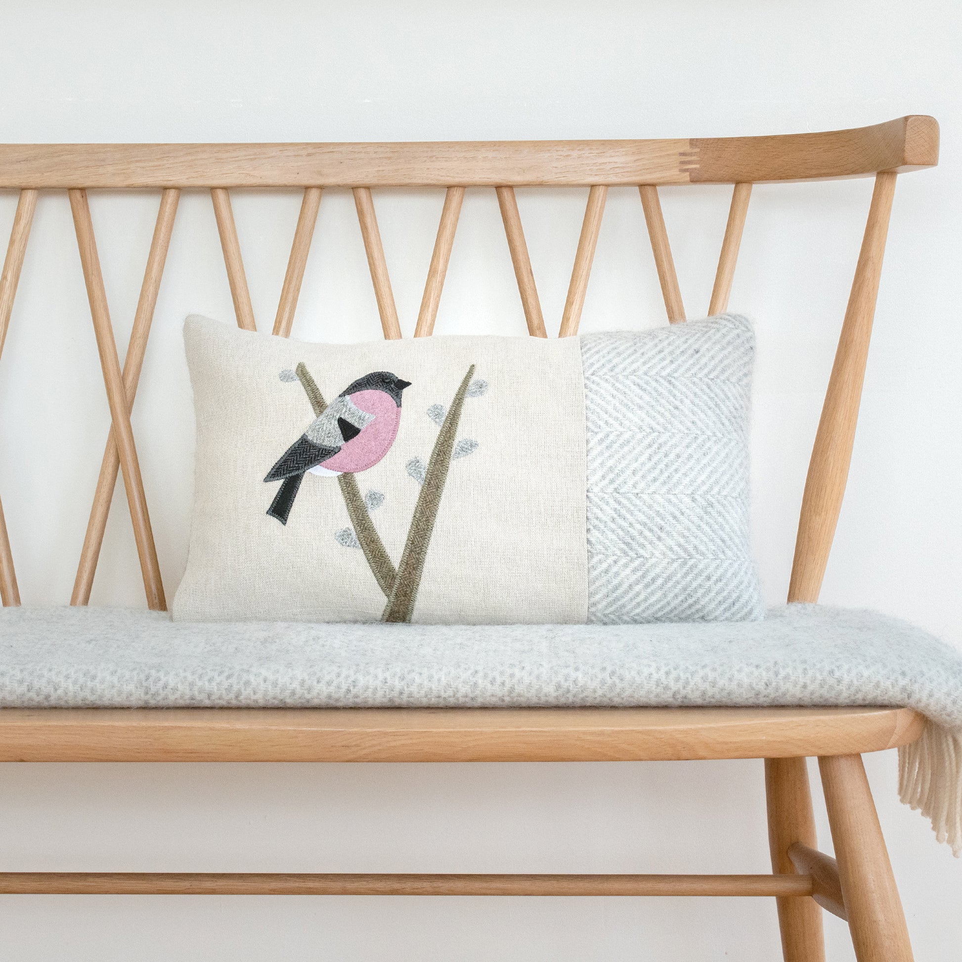 Handmade Bullfinch Cushion in Mixed Tweeds