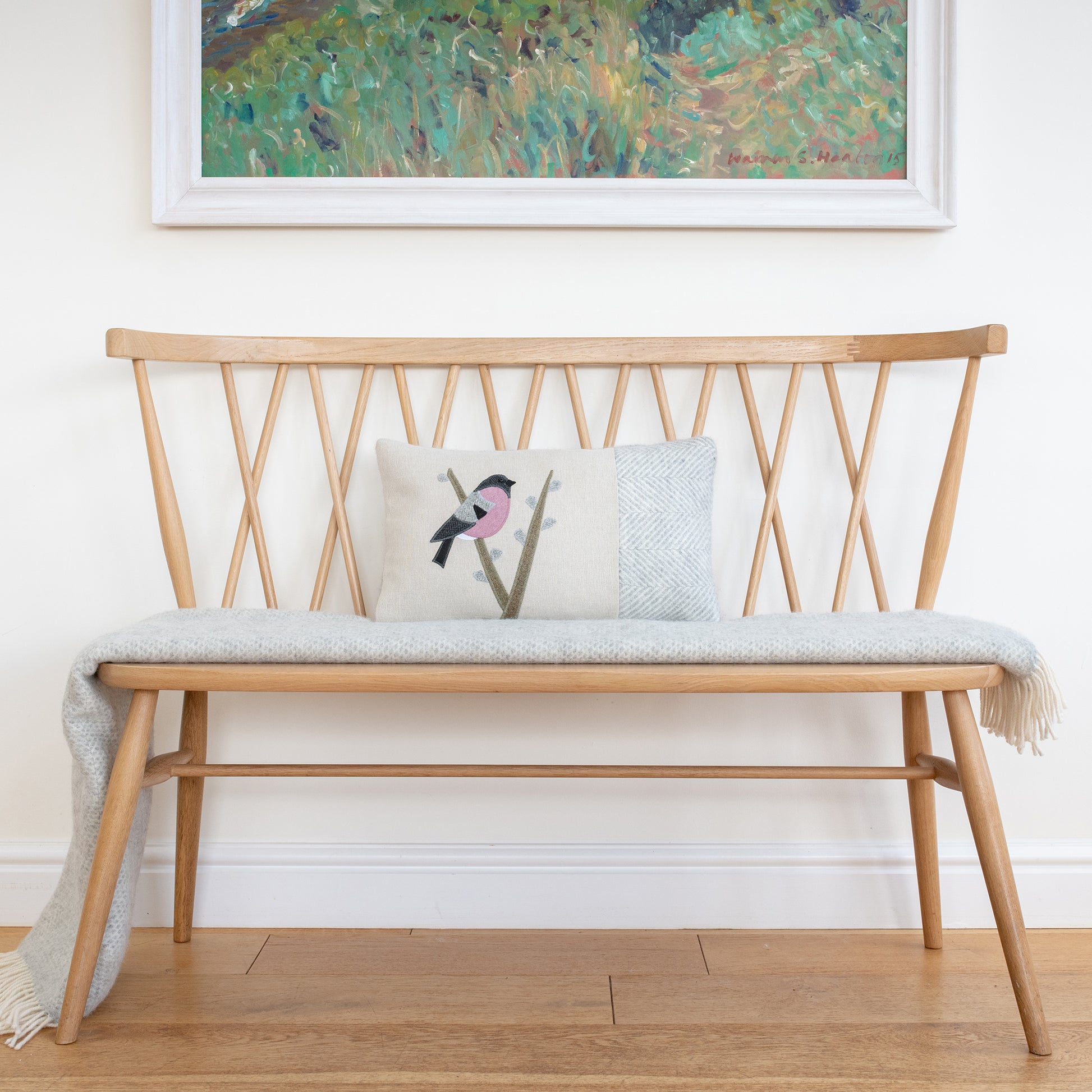 Handmade Bullfinch Cushion in Mixed Tweeds