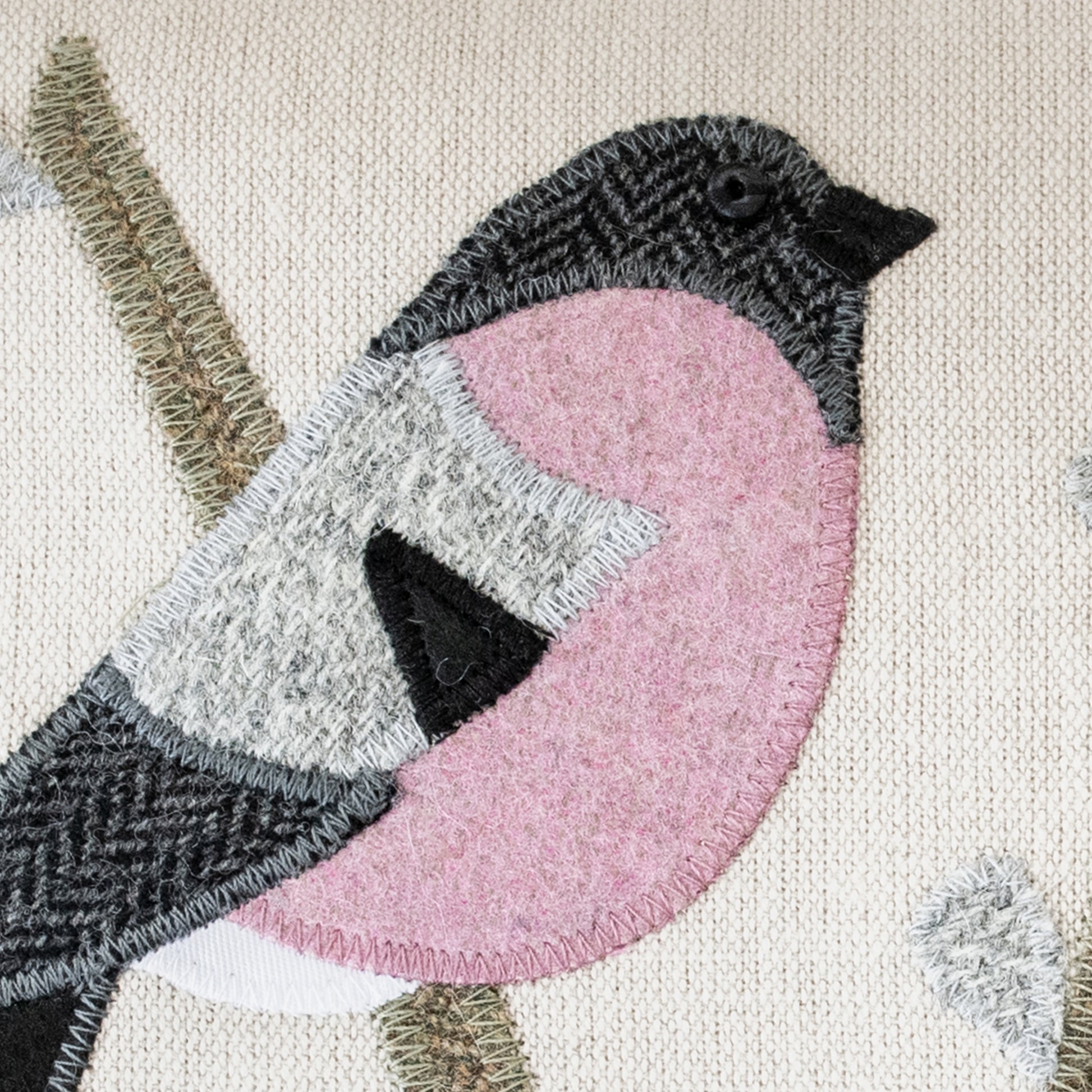 Close up of Handmade Bullfinch Cushion