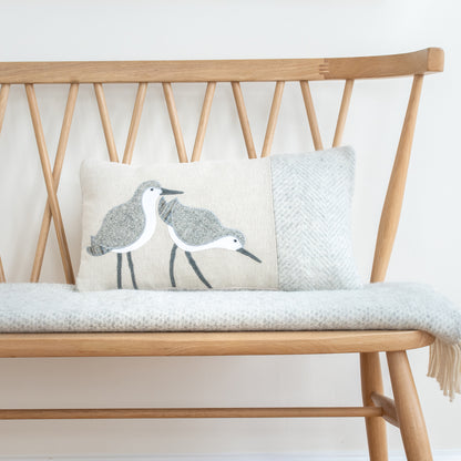 Handmade Dunlin Wading Bird Cushion in Herringbone Fabric and Wool