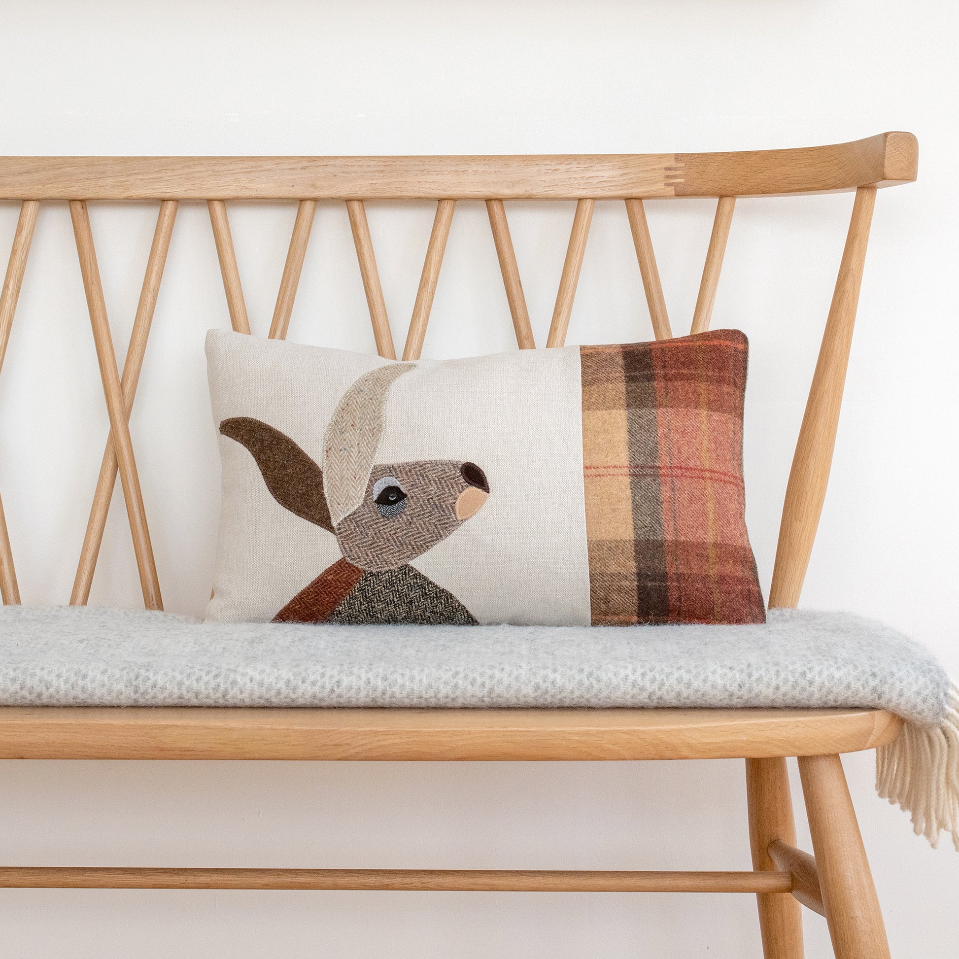 Handmade Hare Cushion in Mixed Tweeds and Welsh woven wools