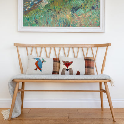 Handmade Kingfisher Cushion with Handmade Mr Fox Cushion in Tweed, Linen and Wools