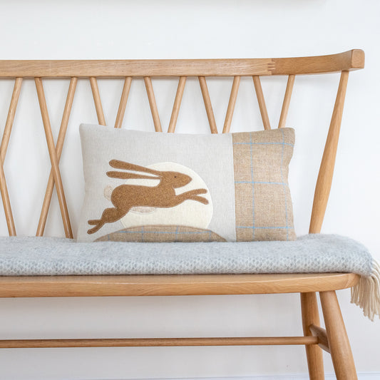 Handmade Leaping Hare Cushion in Tweeds and Wools