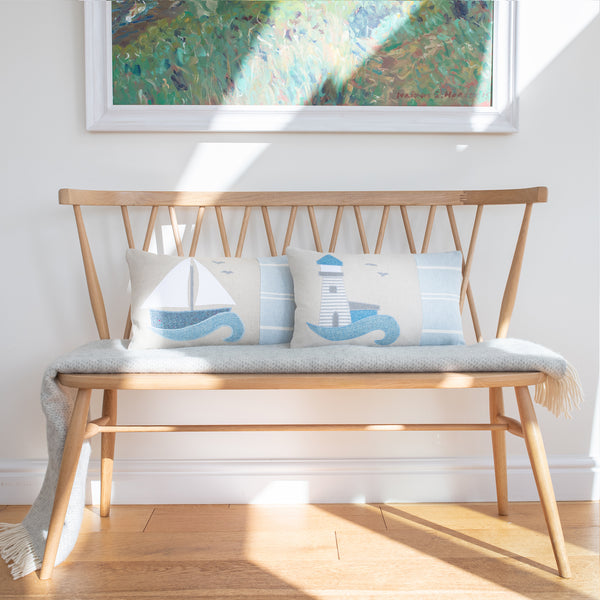 Handmade Blue Coastal Lighthouse Cushion with Cotton and Linen