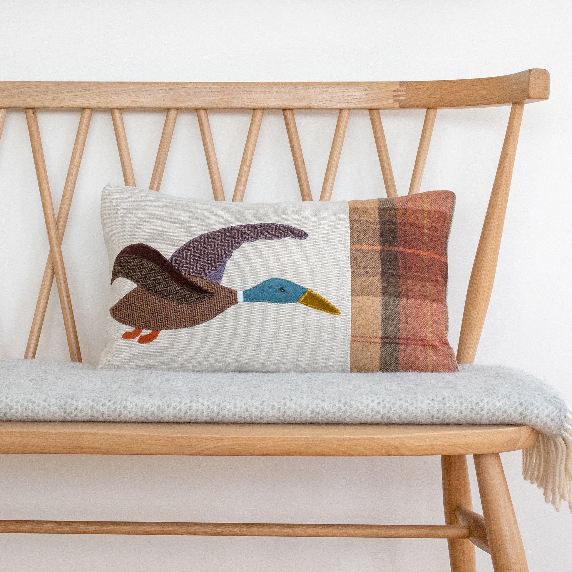 Handmade Duck Cushion in Tweed, Linen and Wools