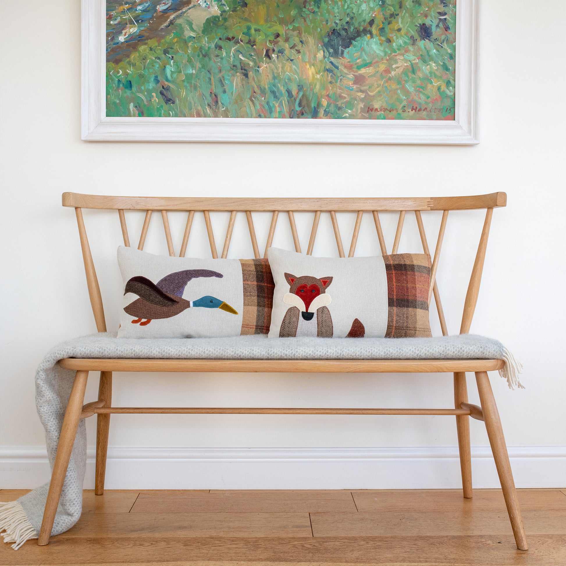 Handmade Duck Cushion with Mr Fox in Tweed, Linen and Wools