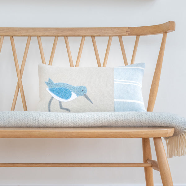 Handmade Blue Coastal Oystercatcher Cushion with Cotton and Linen