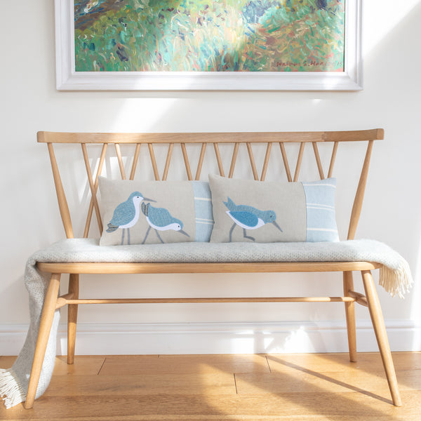 Handmade Blue Coastal Oystercatcher Cushion with Cotton and Linen