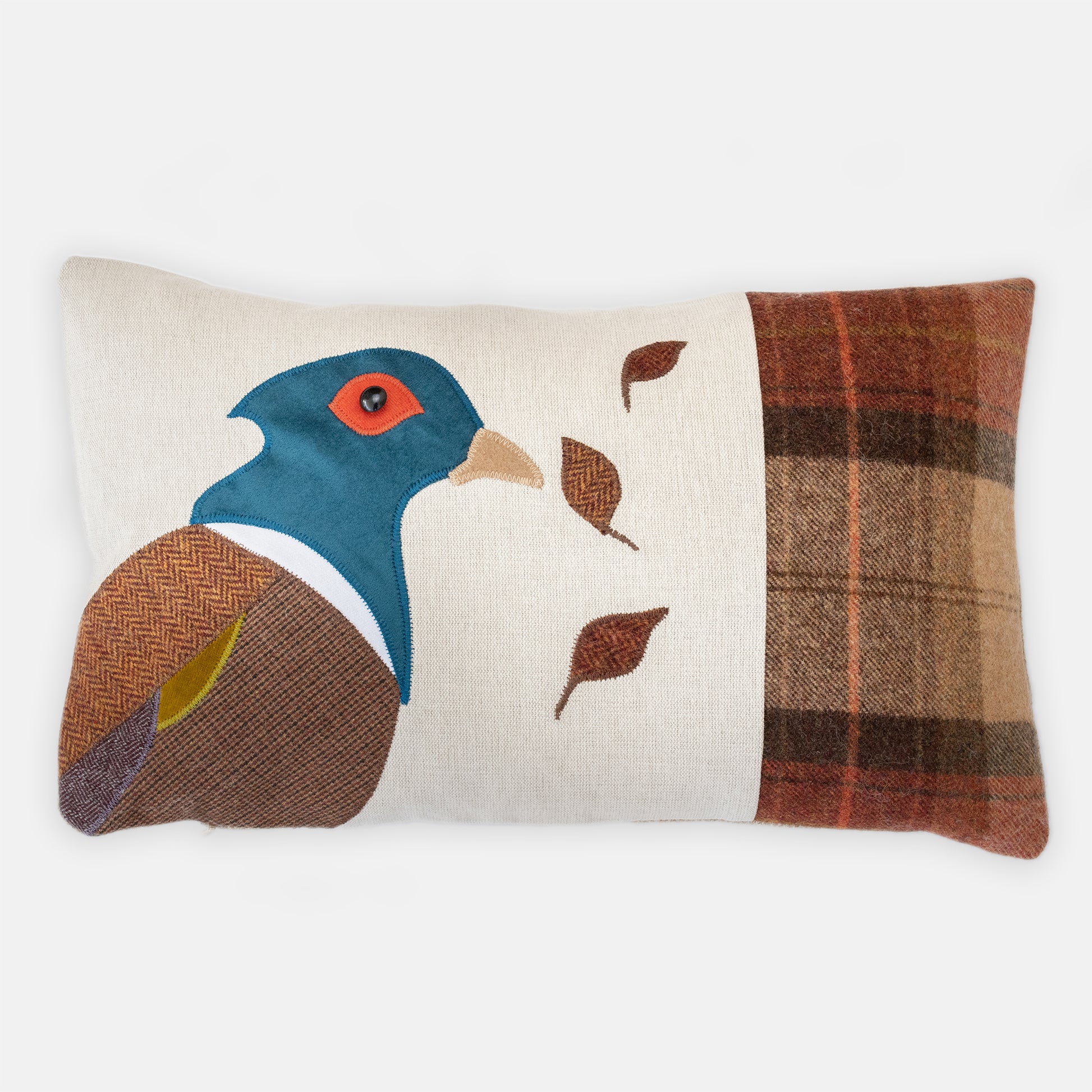 Handmade Pheasant Cushion in Tweed, Linen and Wools
