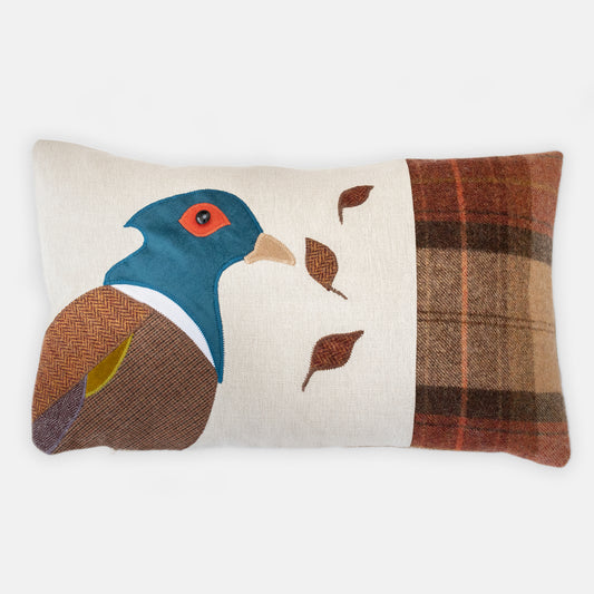 Handmade Pheasant Cushion in Tweed, Linen and Wools