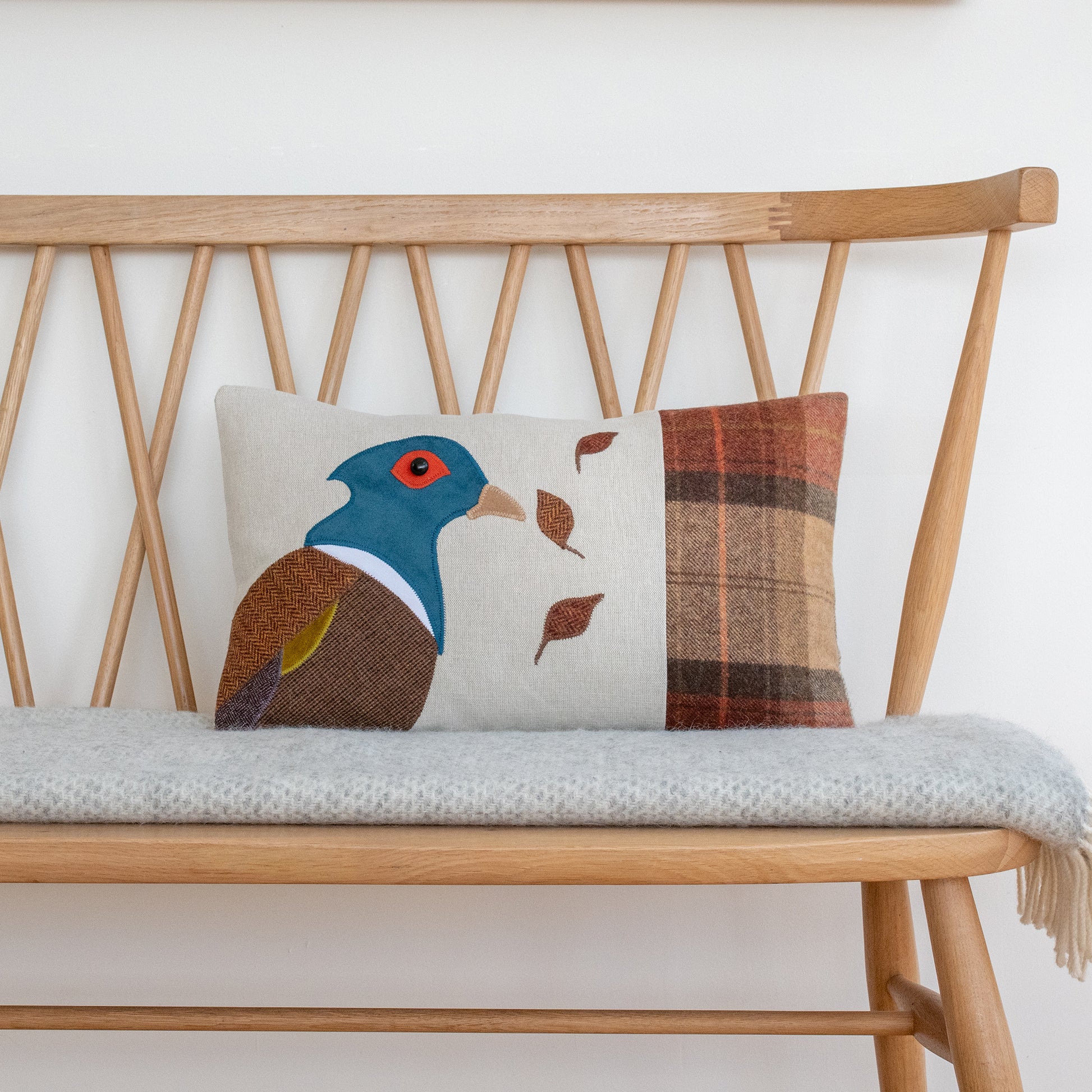 Handmade Pheasant Cushion in Tweed, Linen and Wools