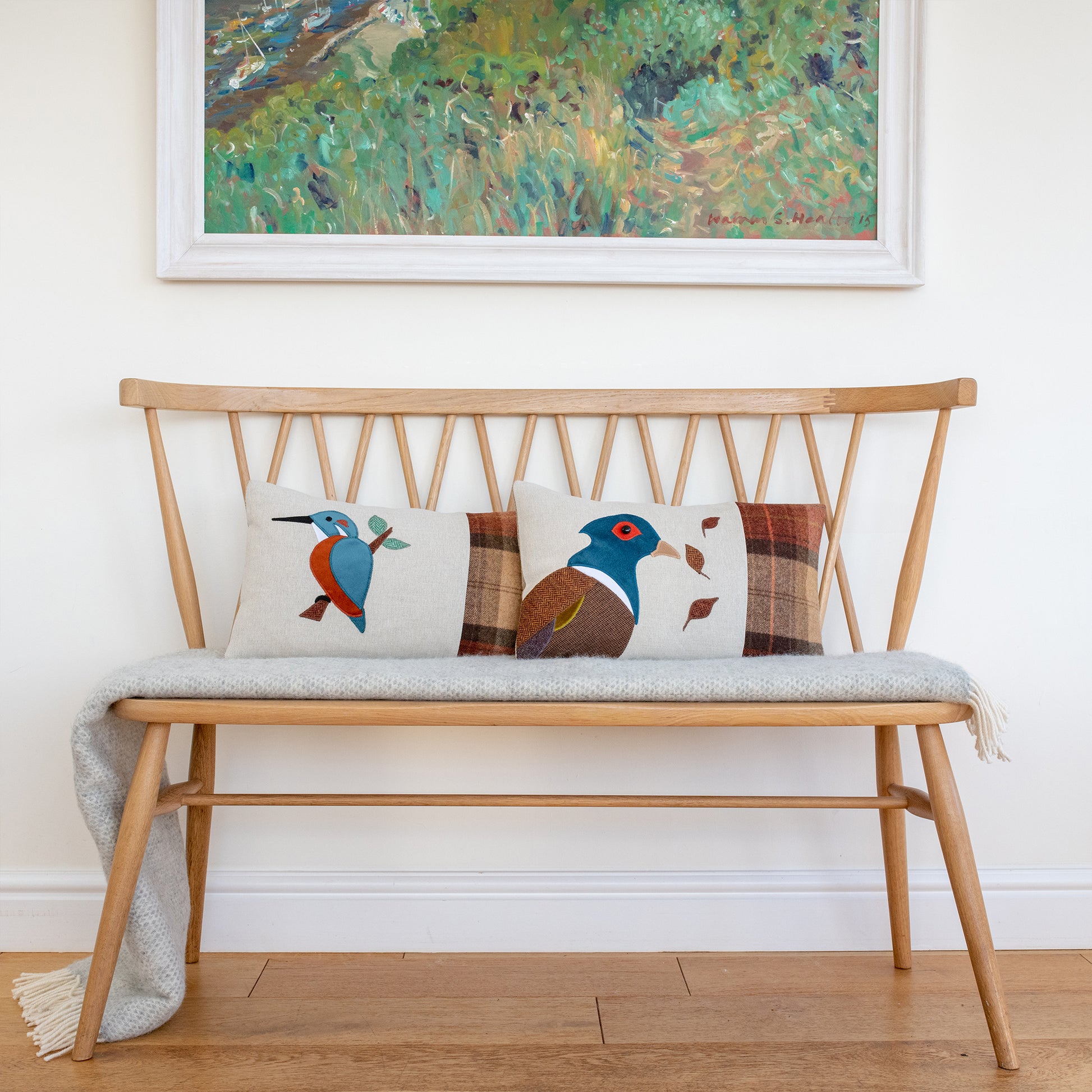 Handmade Pheasant Cushion in Tweed, Linen and Wools