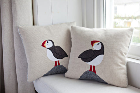 Handmade Square Puffin Cushion