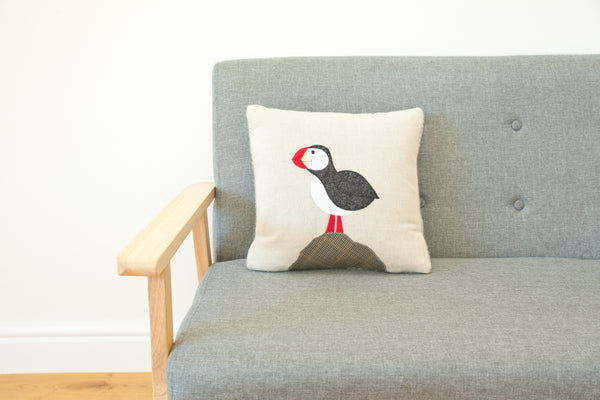Handmade Square Puffin Cushion