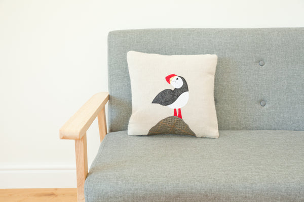 Handmade Square Puffin Cushion