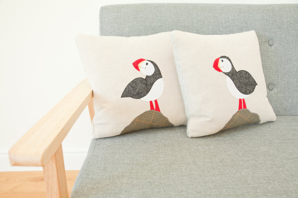 Handmade Square Puffin Cushion