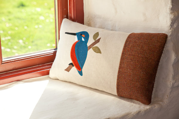 Handmade Kingfisher cushion autumn wool