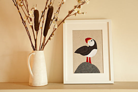 Handmade Framed Puffin Applique Picture