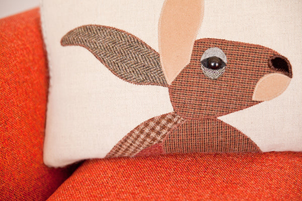 Handmade Hare Cushion in Mixed Tweeds and Welsh woven wools