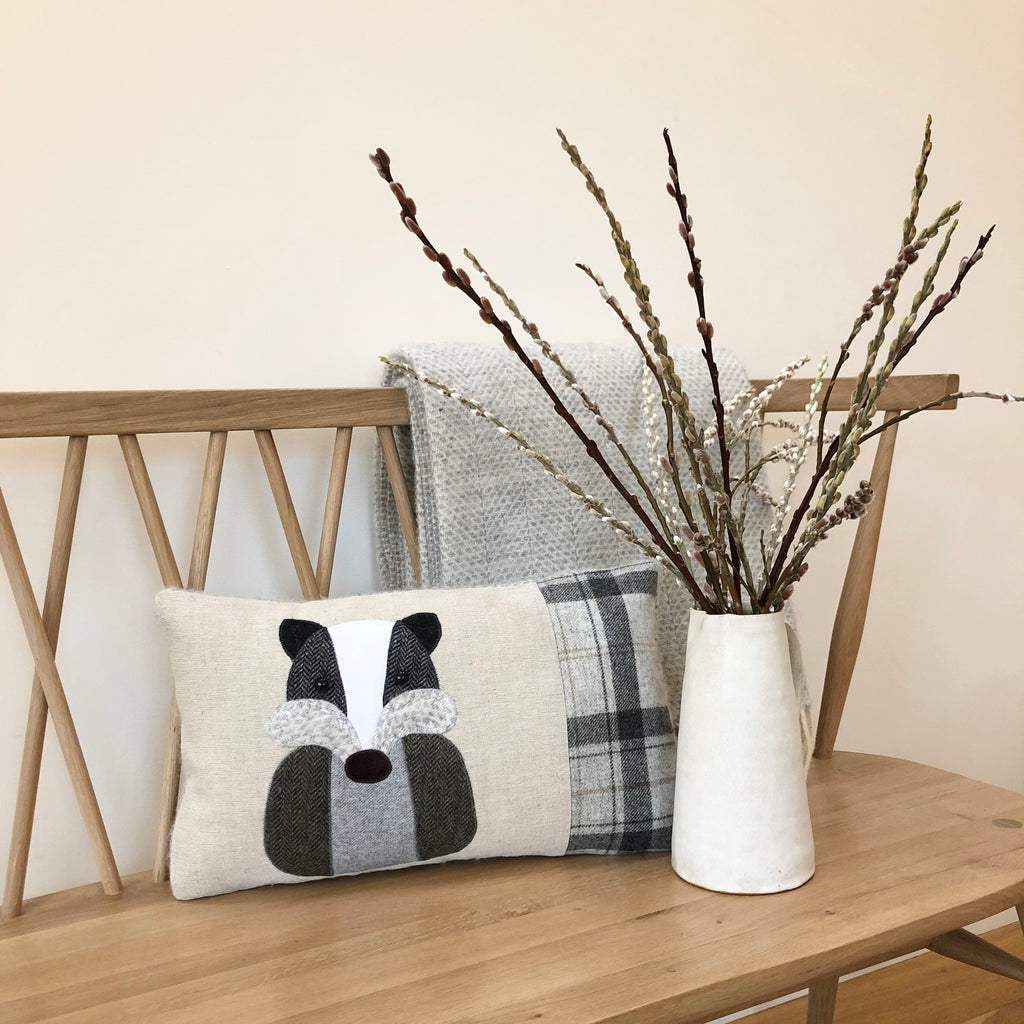 Handmade Badger Cushion in Linen and Mixed Tweeds