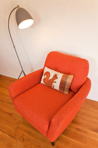 Handmade Squirrel Cushion With Rust Velvet and Welsh Woven Wools