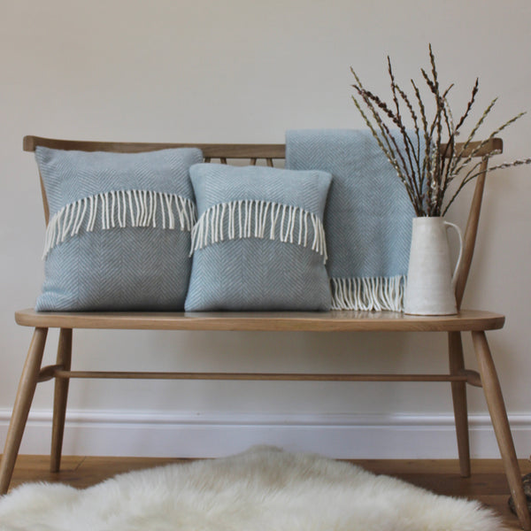 Handmade 100% wool duck egg blue cushion