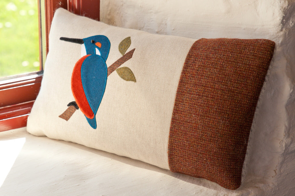 Handmade Kingfisher cushion autumn wool