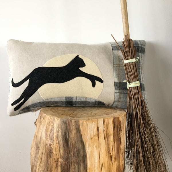 Handmade Leaping Black Cat Cushion