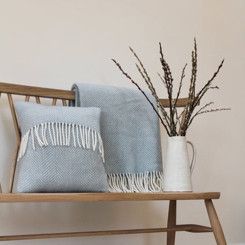 Handmade 100% wool duck egg blue cushion