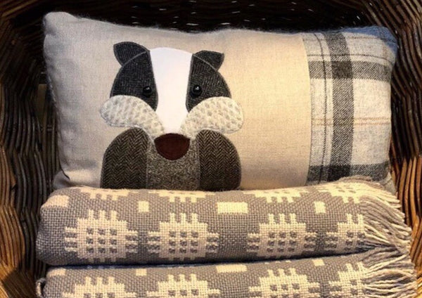 Handmade Badger Cushion in Linen and Mixed Tweeds