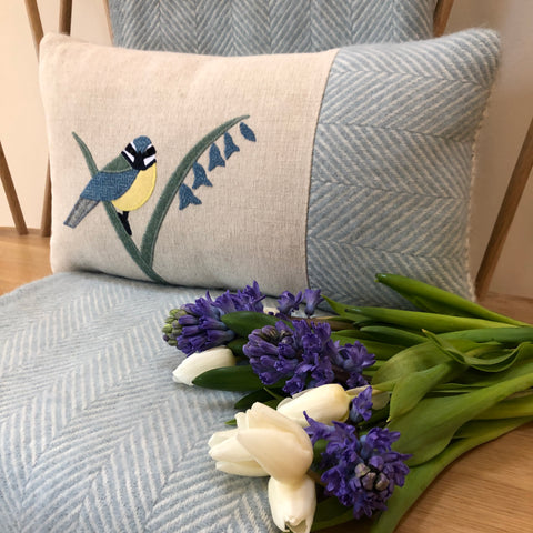 Blue Tit bird wool cushion